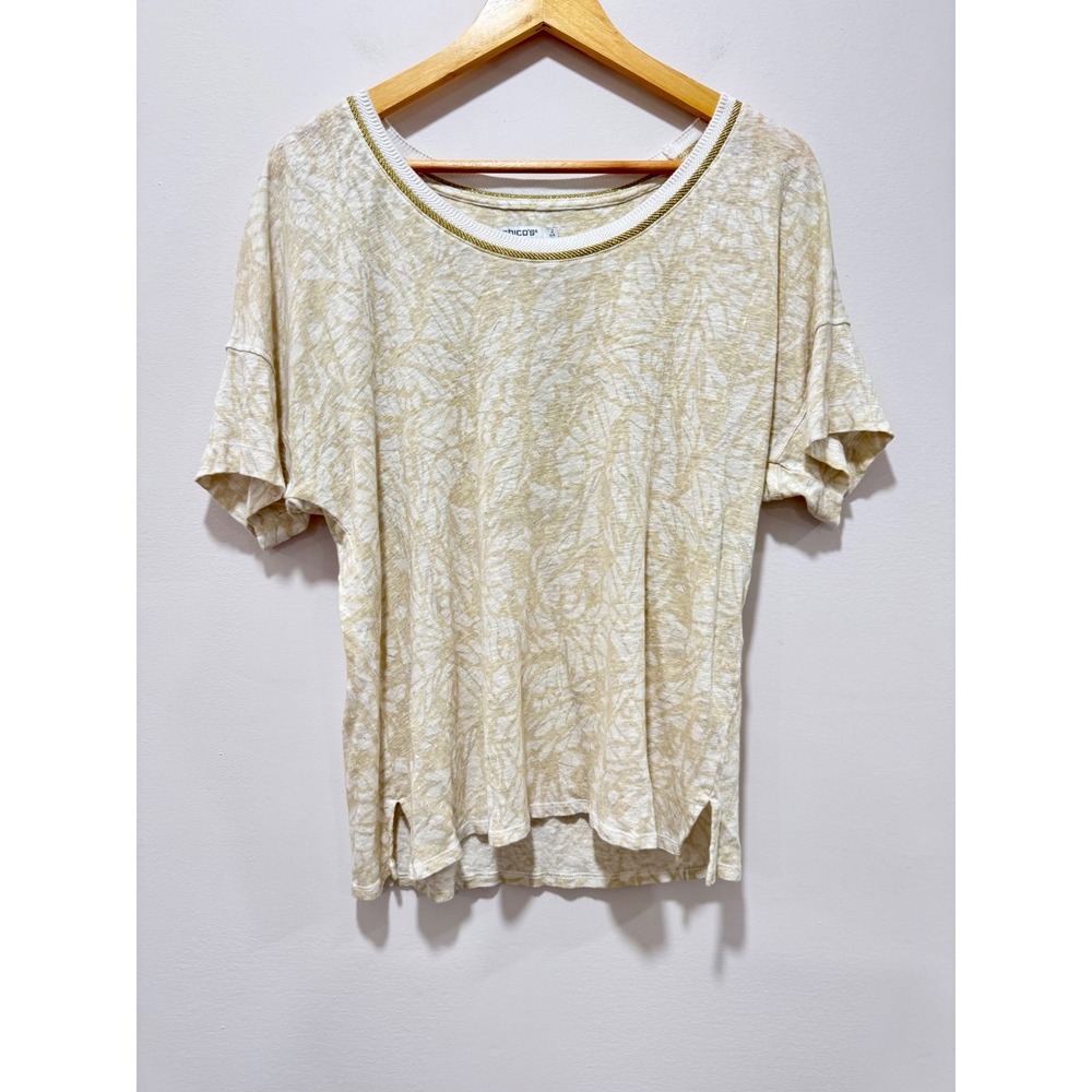 Chicos 100% Linen Abstract Print Top Beige Cream Gold Metallic Trim Size 2 L